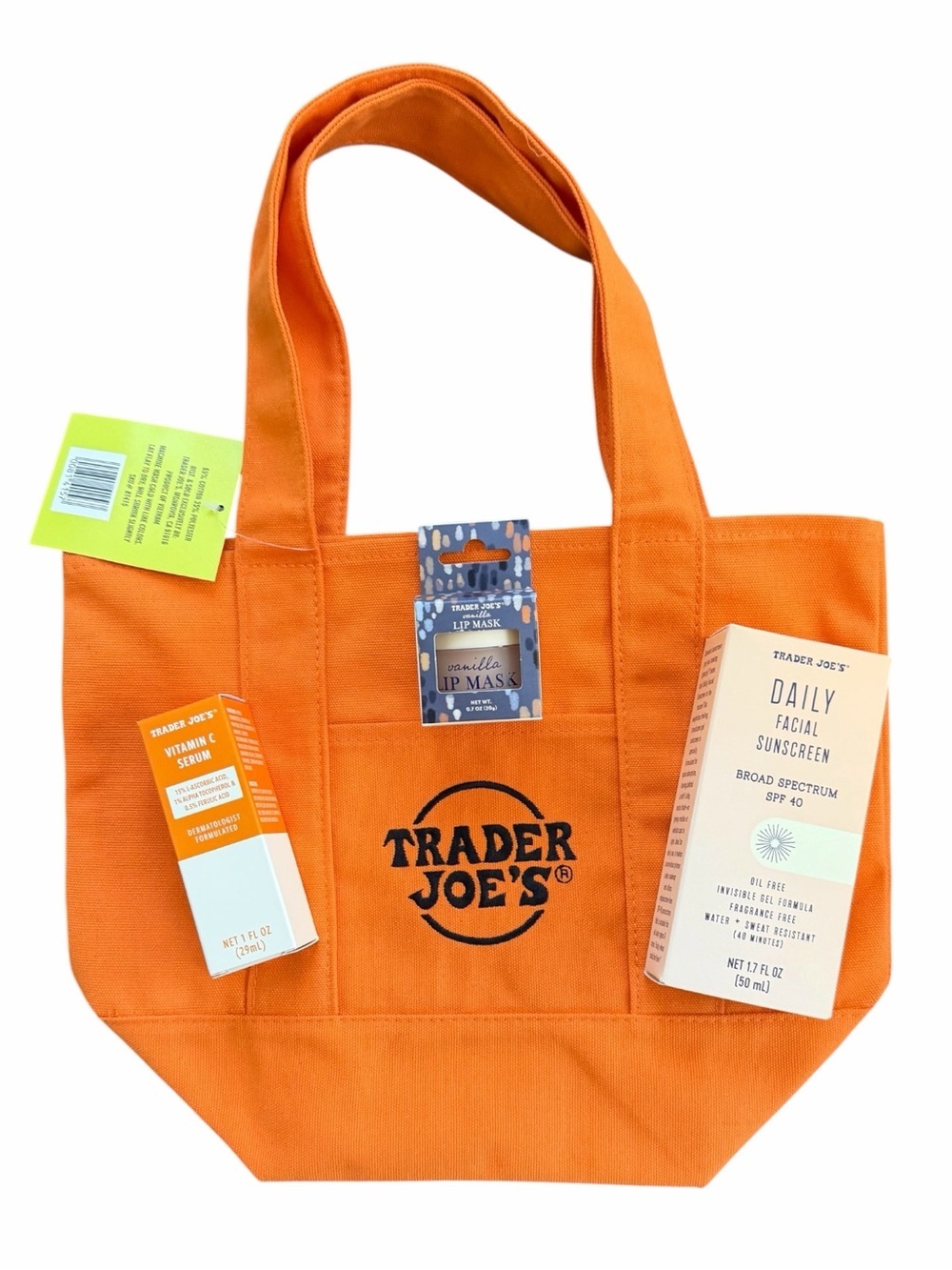☀️Set of 4! Trader Joe's Mini Tote Bag +Lip Mask + Vit C Serum +Facial Sunscreen
